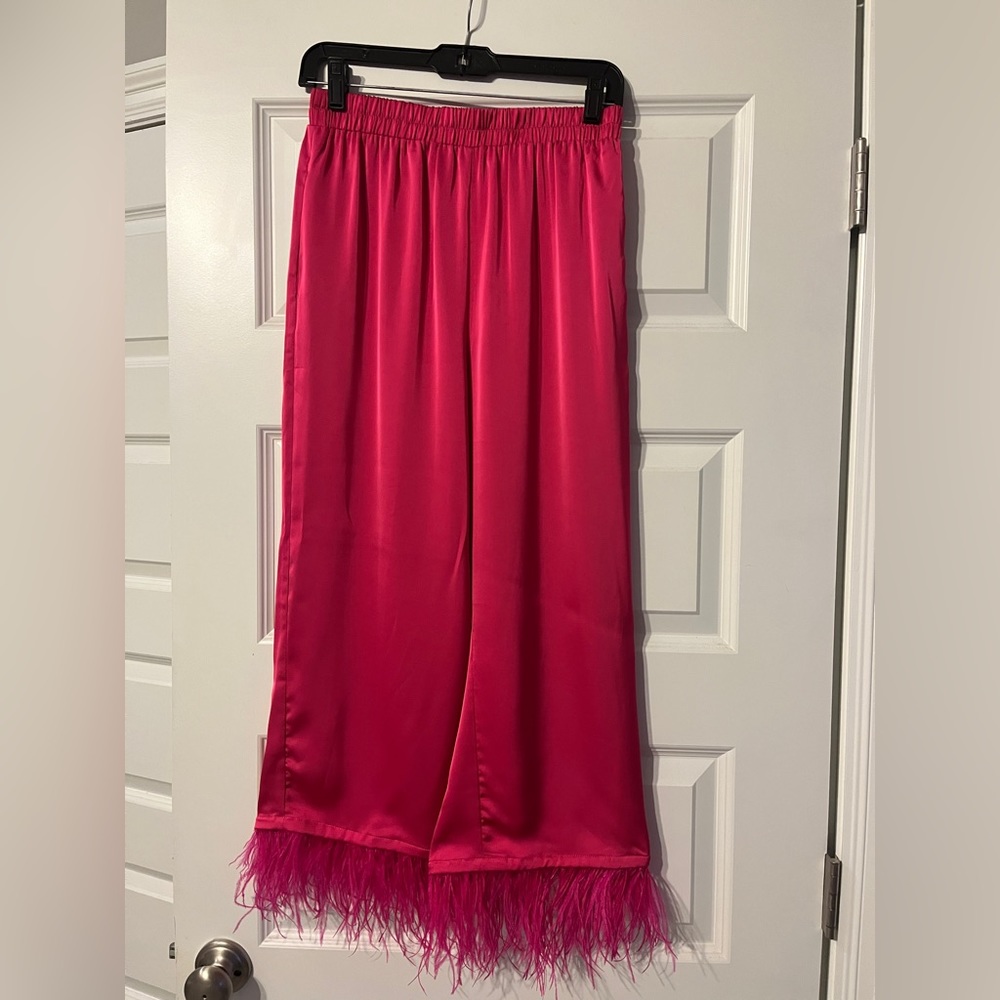Pink Satin Pants with Feather Trim
